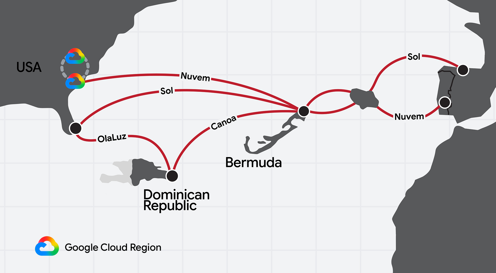 En el mar Caribe, el cable Alisios desde Panamá hasta la República Dominicana se interconectará con un anillo desde la República Dominicana hacia la costa este de los EE. UU. y las regiones de Google Cloud en Carolina del Sur y Virginia.